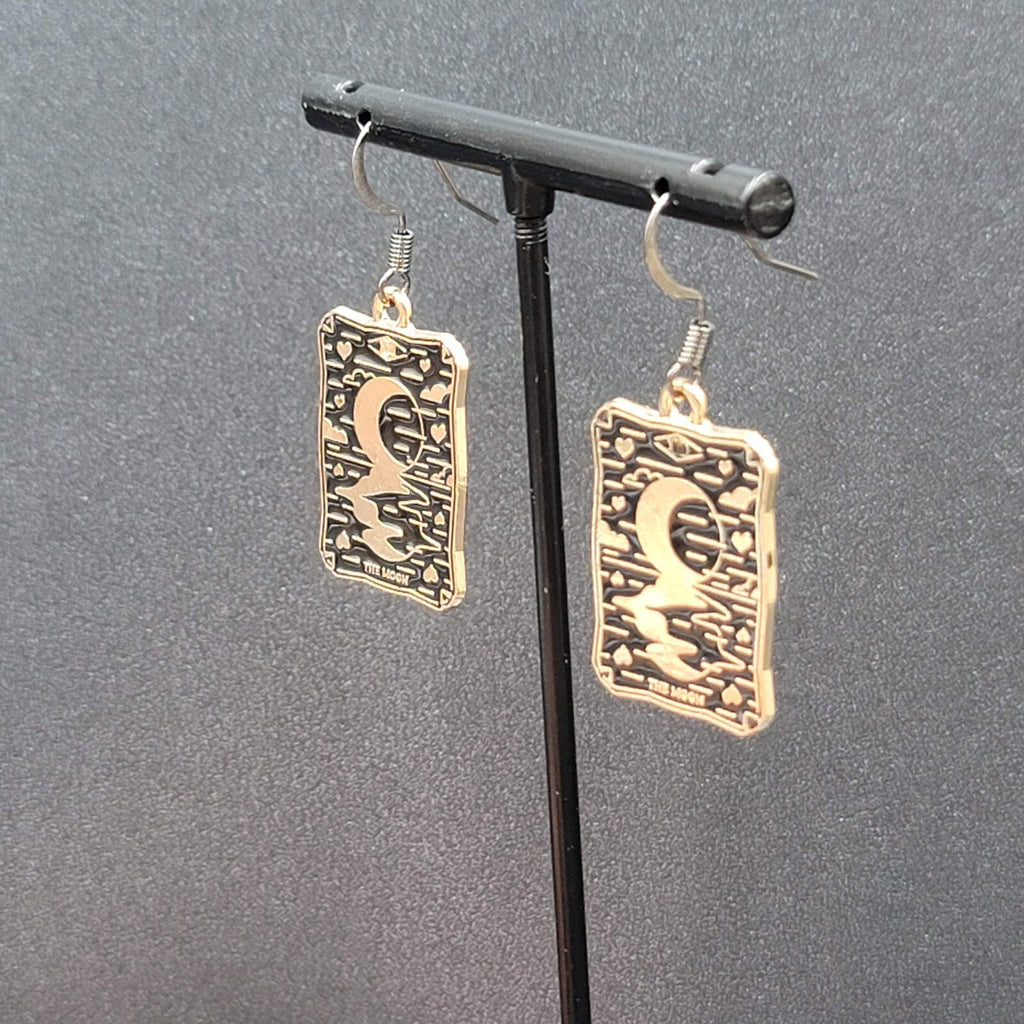 Tarot Card Pierced Earrings The MOON Gold tone Black 1"