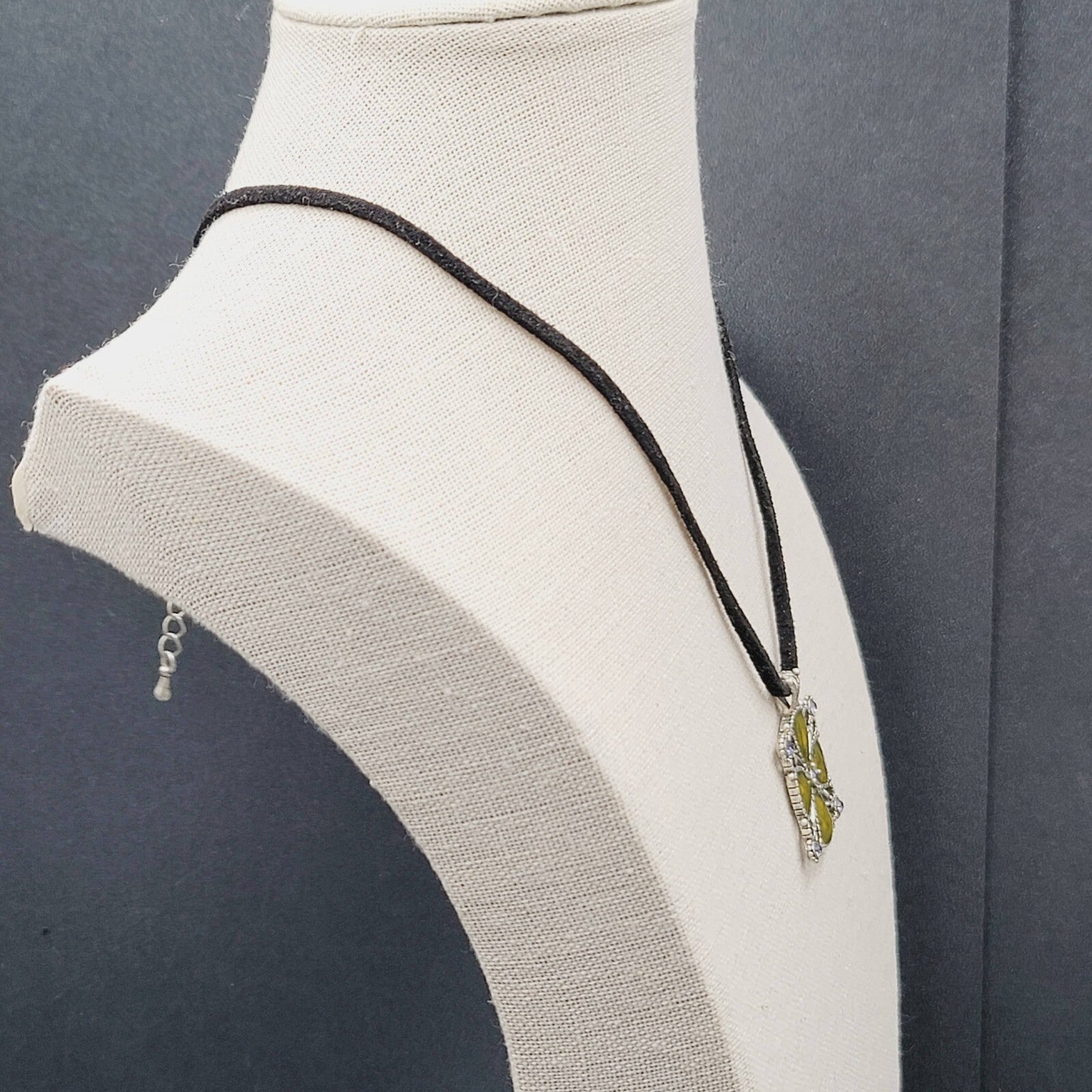 Lia Sophia Pendant Necklace Silver tone Crystal Suede Leather Cord 16"-19"