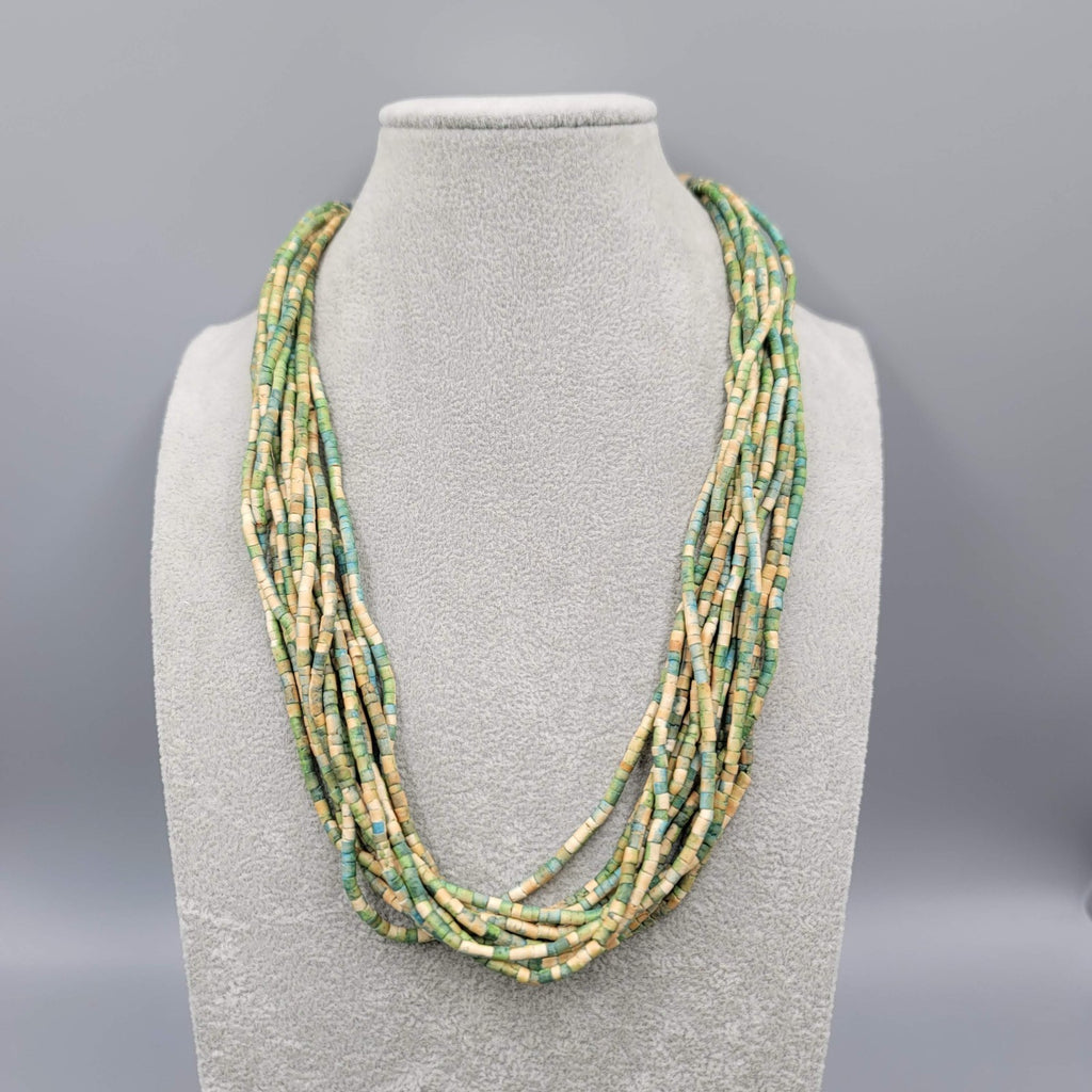 Multistrand Green Tan Bead Necklace Coconut Button Closure Adj 18"-20"