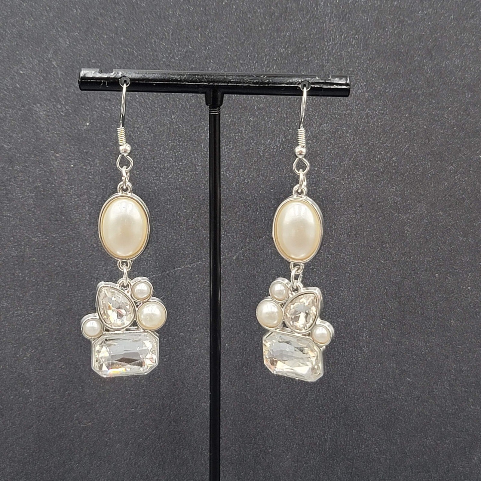 Pierced Earrings Silver Plated Faux Pearl Glass Accents Dangle 1.75"