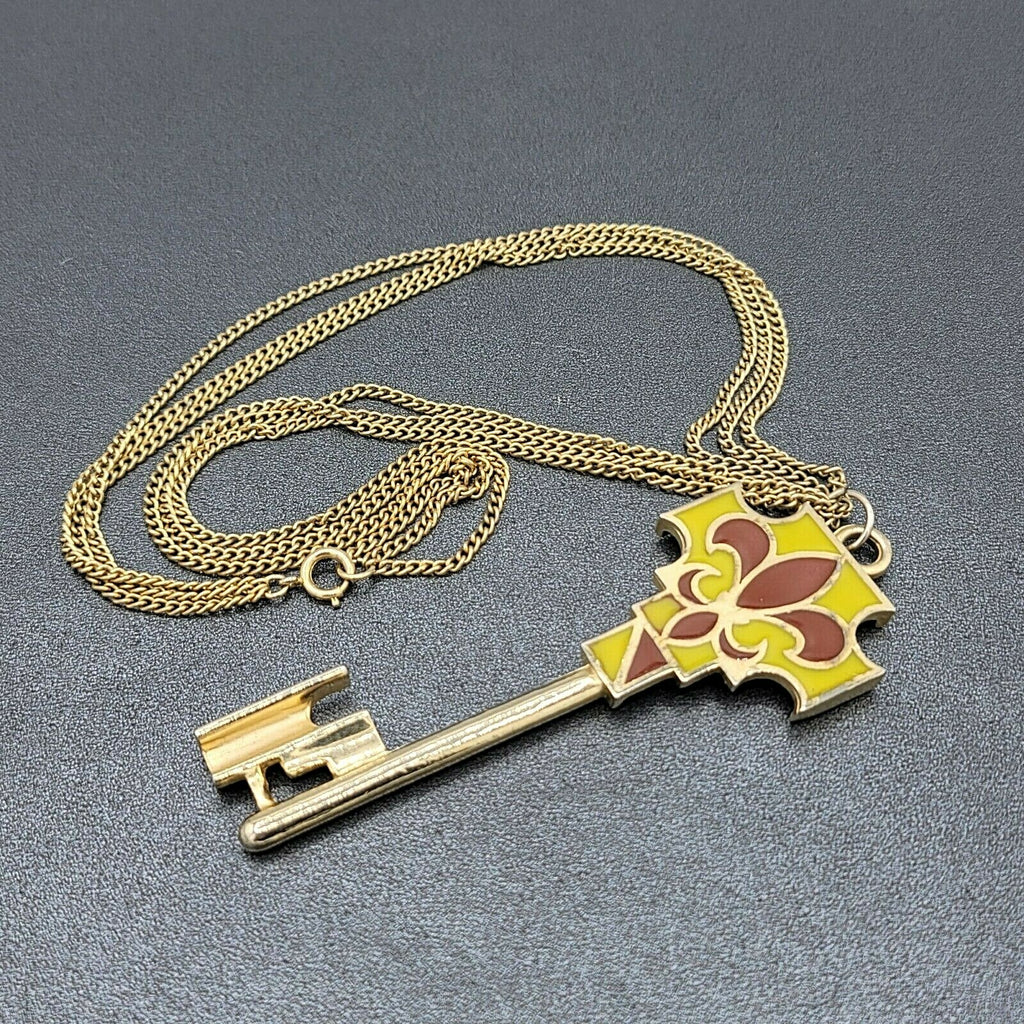 Vintage Large Enamel Key Pendant Necklace Goldtone Multi Strand Chain 21"