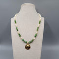 Vintage Sand Dollar Necklace Mother of Pearl Green Stone Beads Gold tone 18"