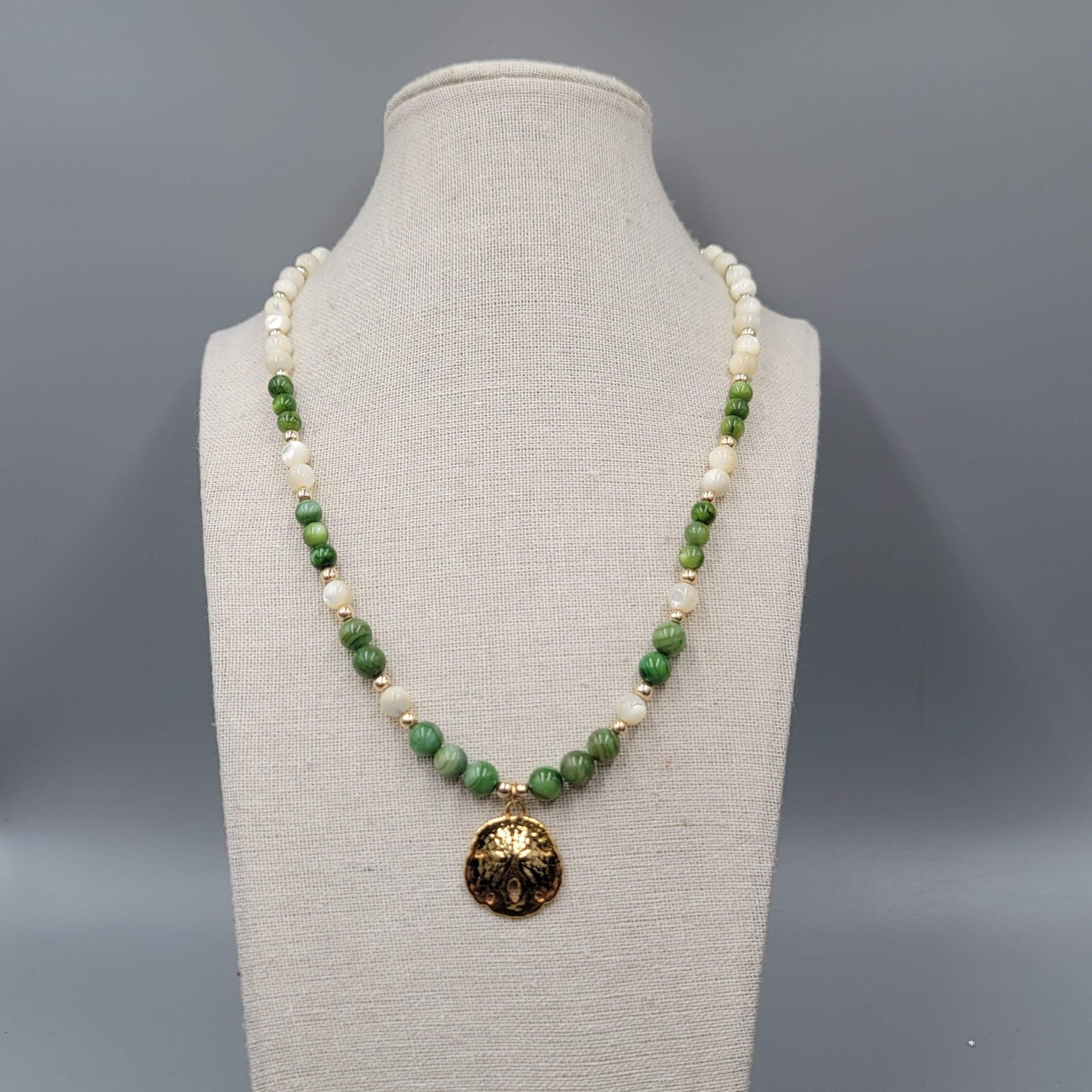 Vintage Sand Dollar Necklace Mother of Pearl Green Stone Beads Gold tone 18"