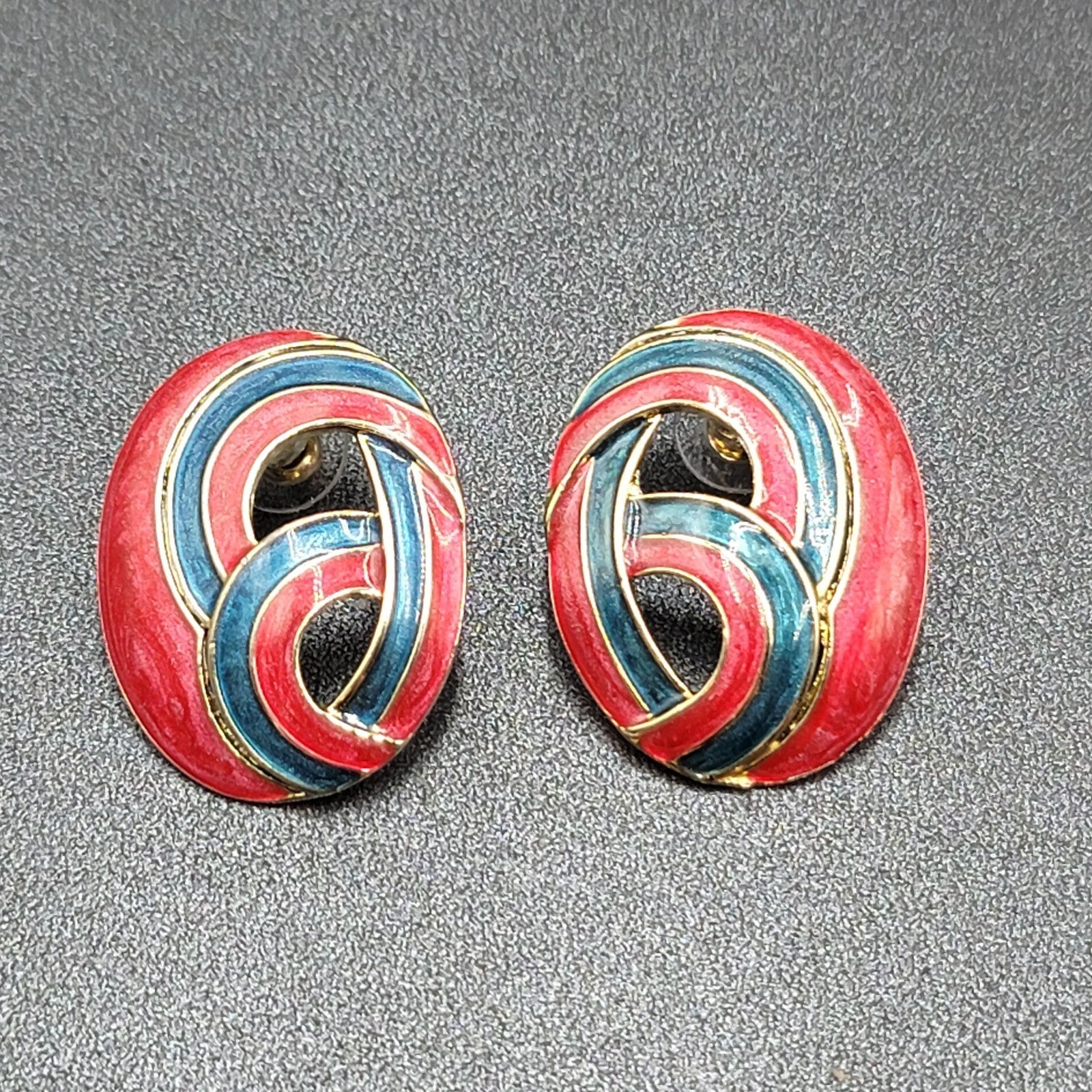Vintage Pierced Earrings Blue Pink Enamel Drop Open Work 1.5"