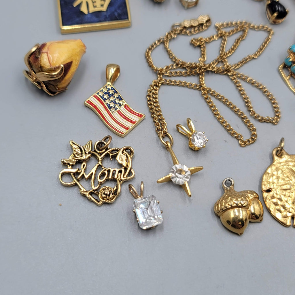 All Gold tone Pendant Lot of 19 Rose Flag Cubic Zirconia & More