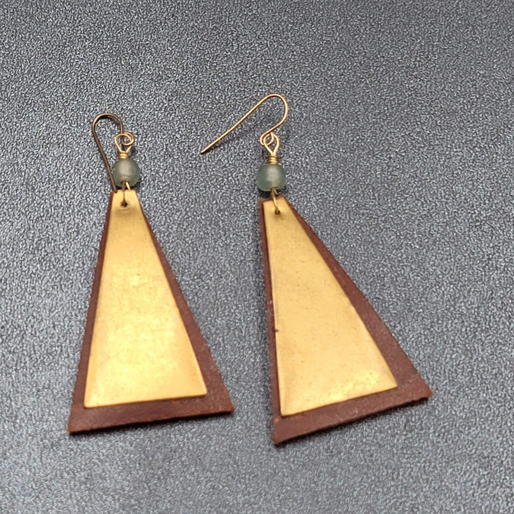 Vintage Artisan Pierced Earrings Leather And Brass Triangle Dangle  2.5"