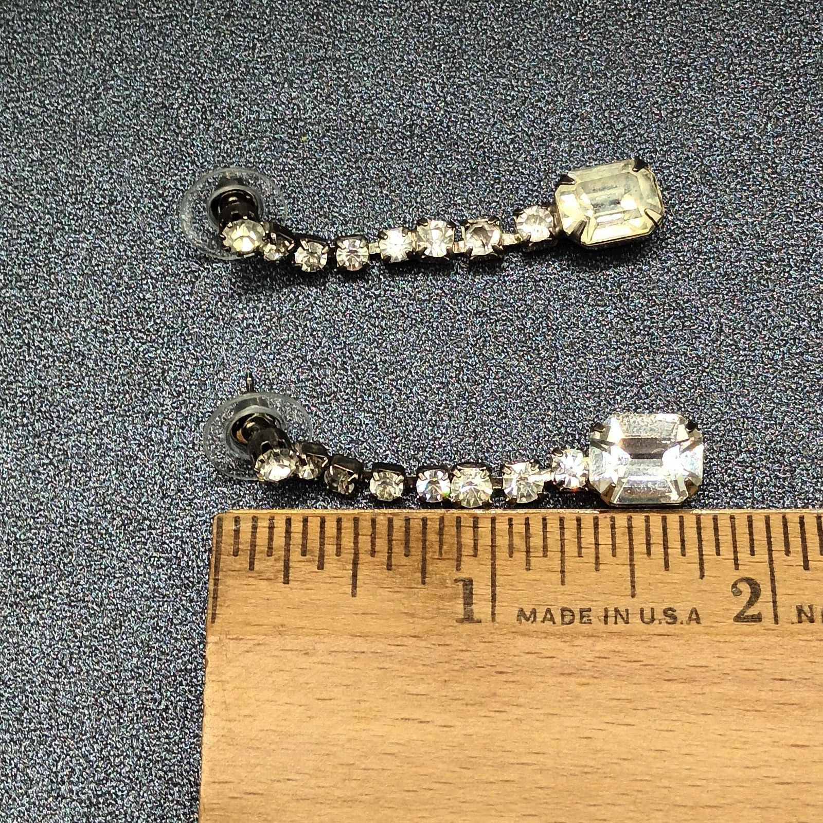 Pierced Earrings Silver tone Rhinestone Retro Dangle 1 3/4"