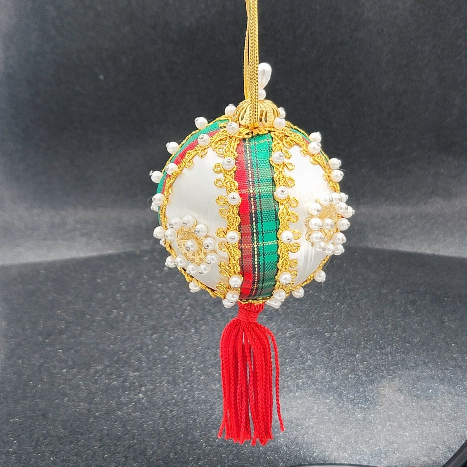 Vintage White Spun Satin Pearl Push Pin Christmas Ornament Velvet Ribbon Bead 4"