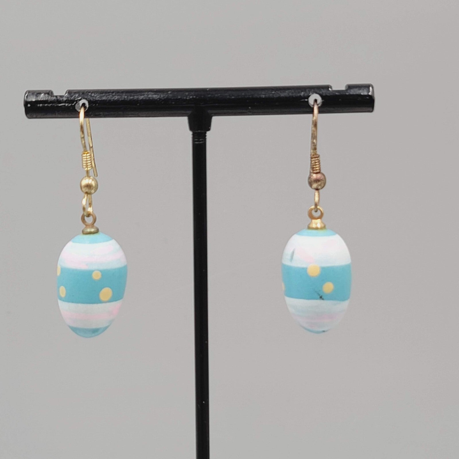 Vintage Blue Easter Egg Pierced Earrings Hand Painted Wood Dangle 7/8"