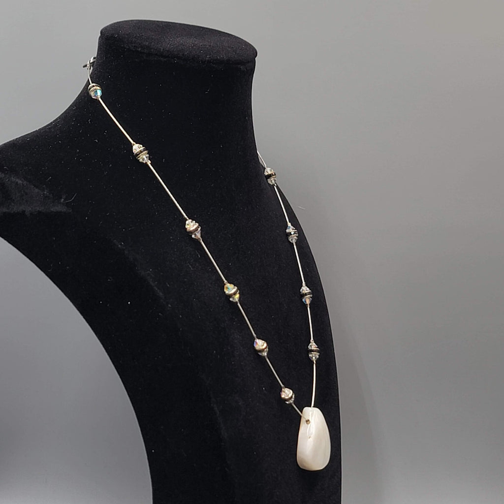 Shell Pendant Necklace Crystal Station Silver tone 18"