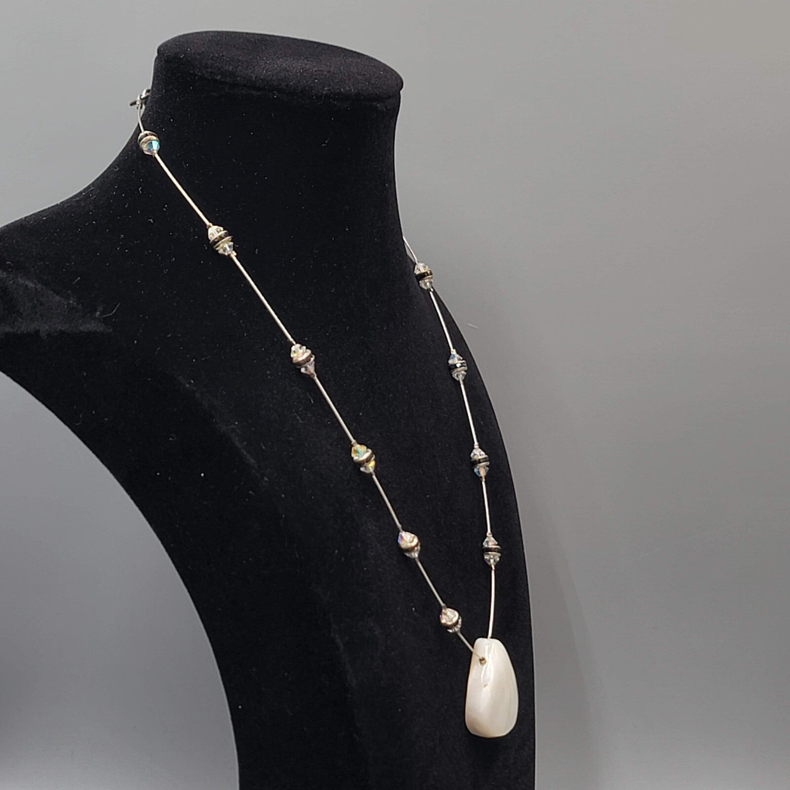 Shell Pendant Necklace Crystal Station Silver tone 18"