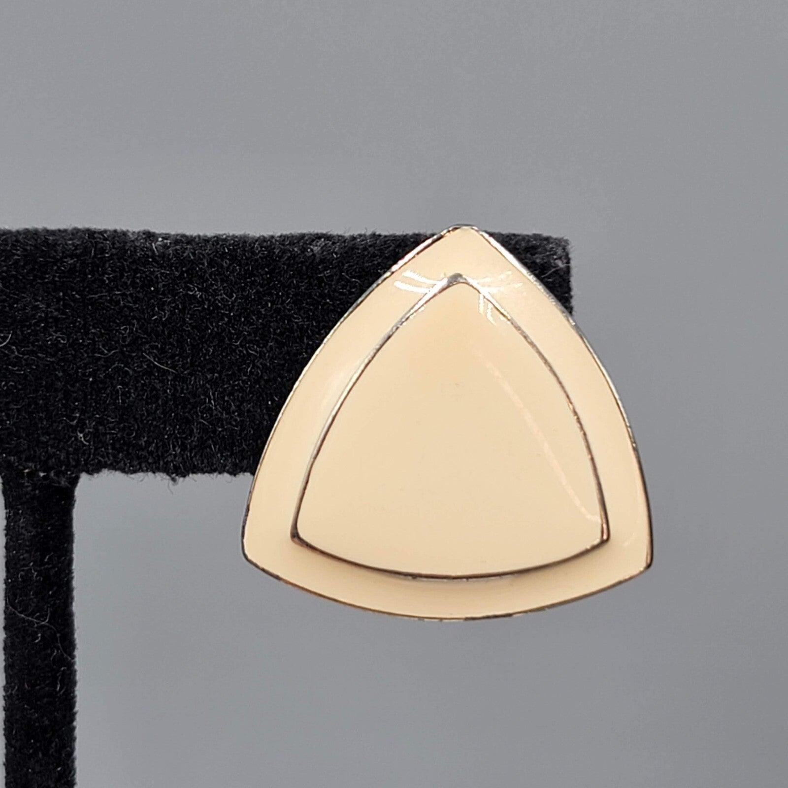 Vintage Pierced Earrings Cream Enamel Triangle Silver tone 1"