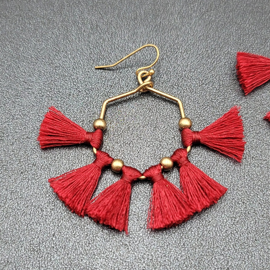 Pierced Earrings Gold tone Red Tassel Fun Fashion Statement Dangle 2"