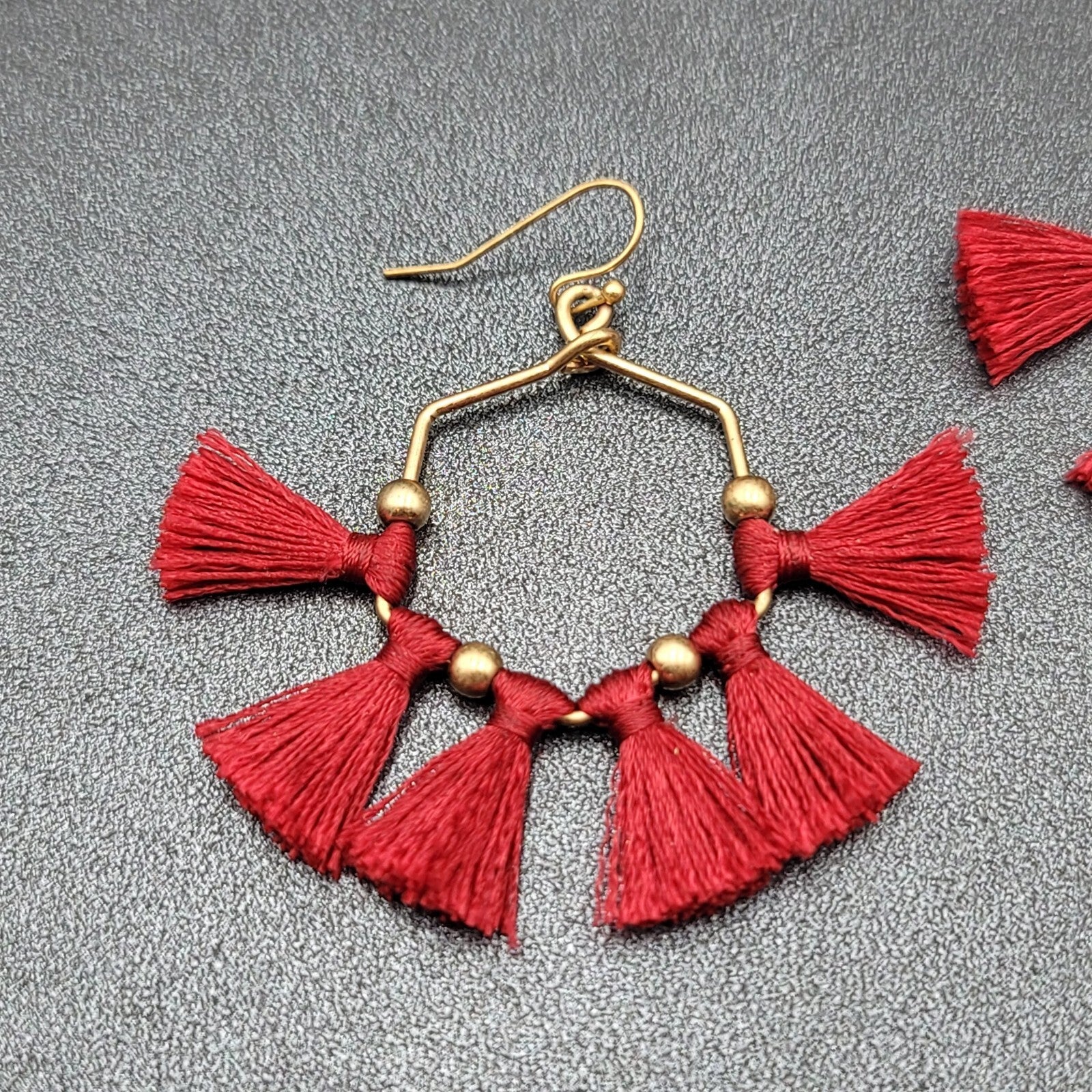 Pierced Earrings Gold tone Red Tassel Fun Fashion Statement Dangle 2"