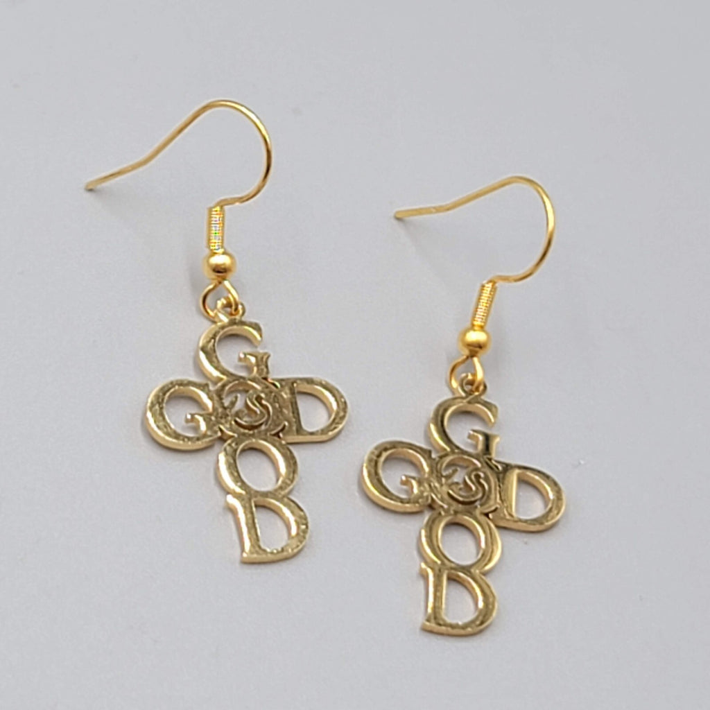 God is Good Cross Pierced Earrings Gold tone Dangle 1"