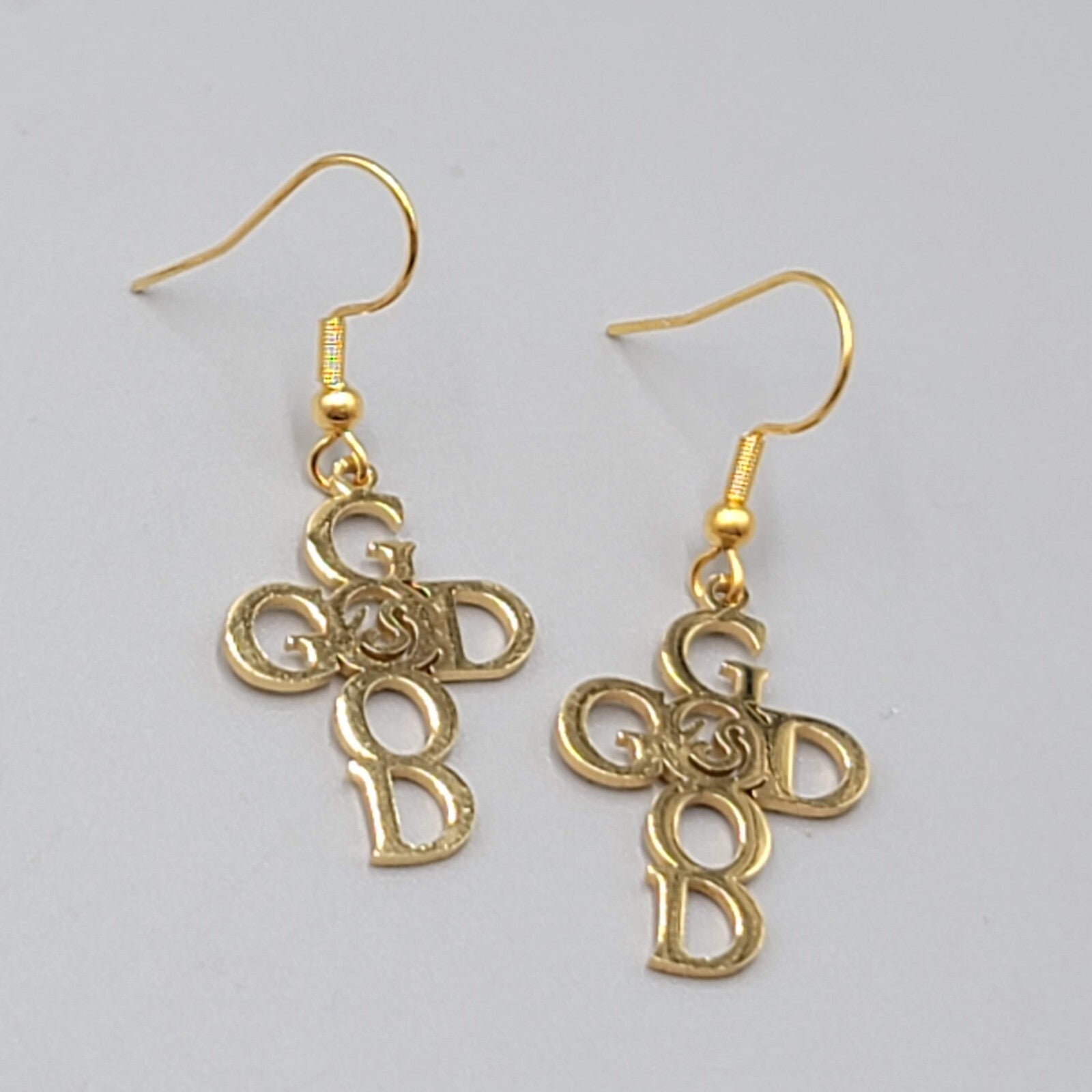 God is Good Cross Pierced Earrings Gold tone Dangle 1"