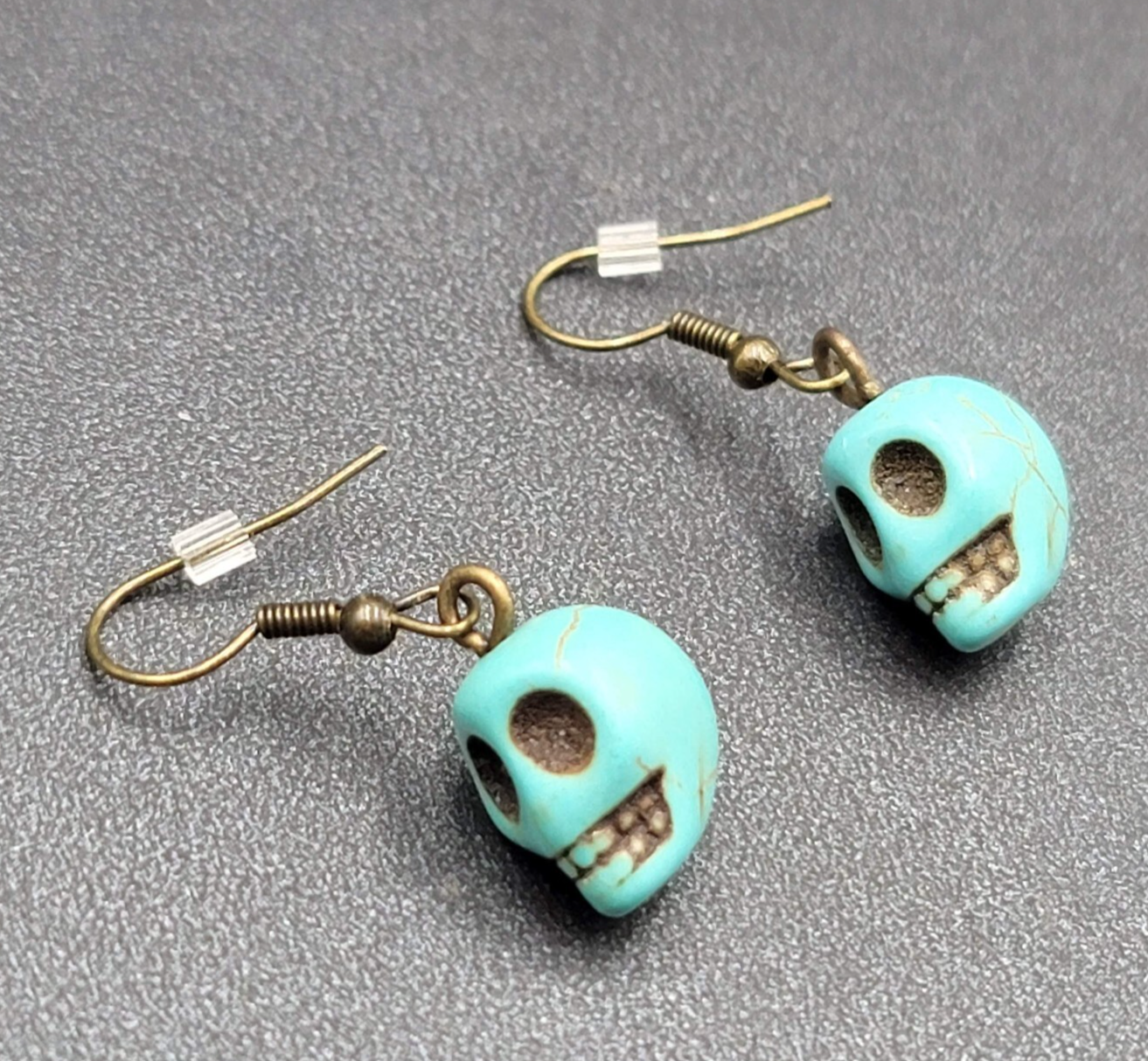 Skull Pierced Earrings Blue Howlite Stone Bead Dangle 3/4"
