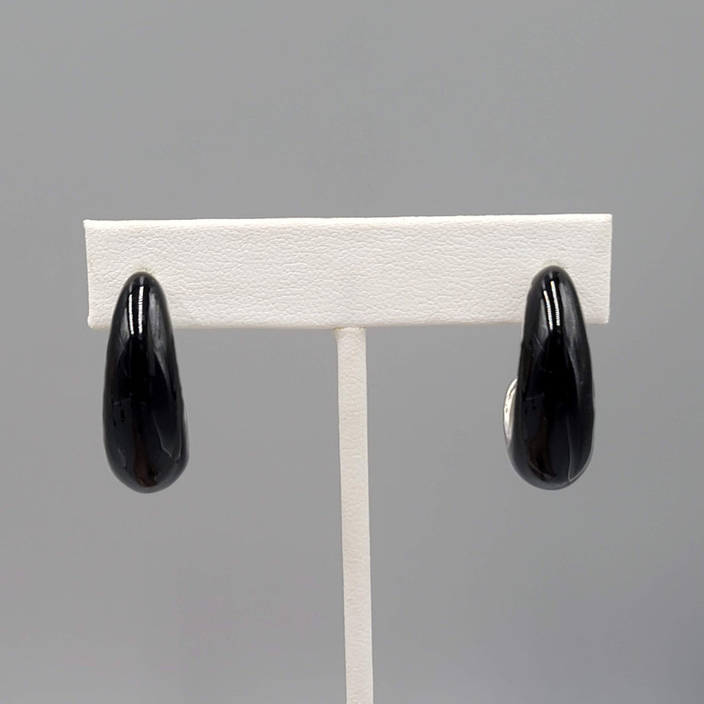 Black Enamel Drop Hoops Pierced Earrings Silver tone 1.25 in