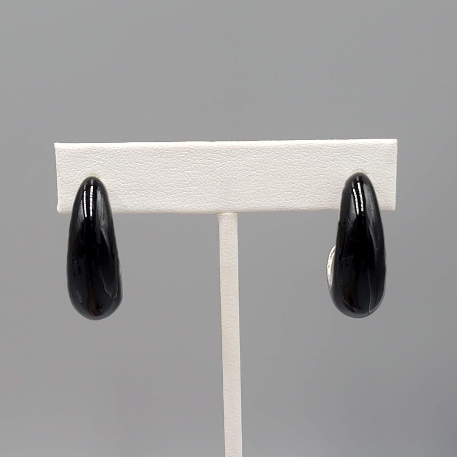 Black Enamel Drop Hoops Pierced Earrings Silver tone 1.25 in