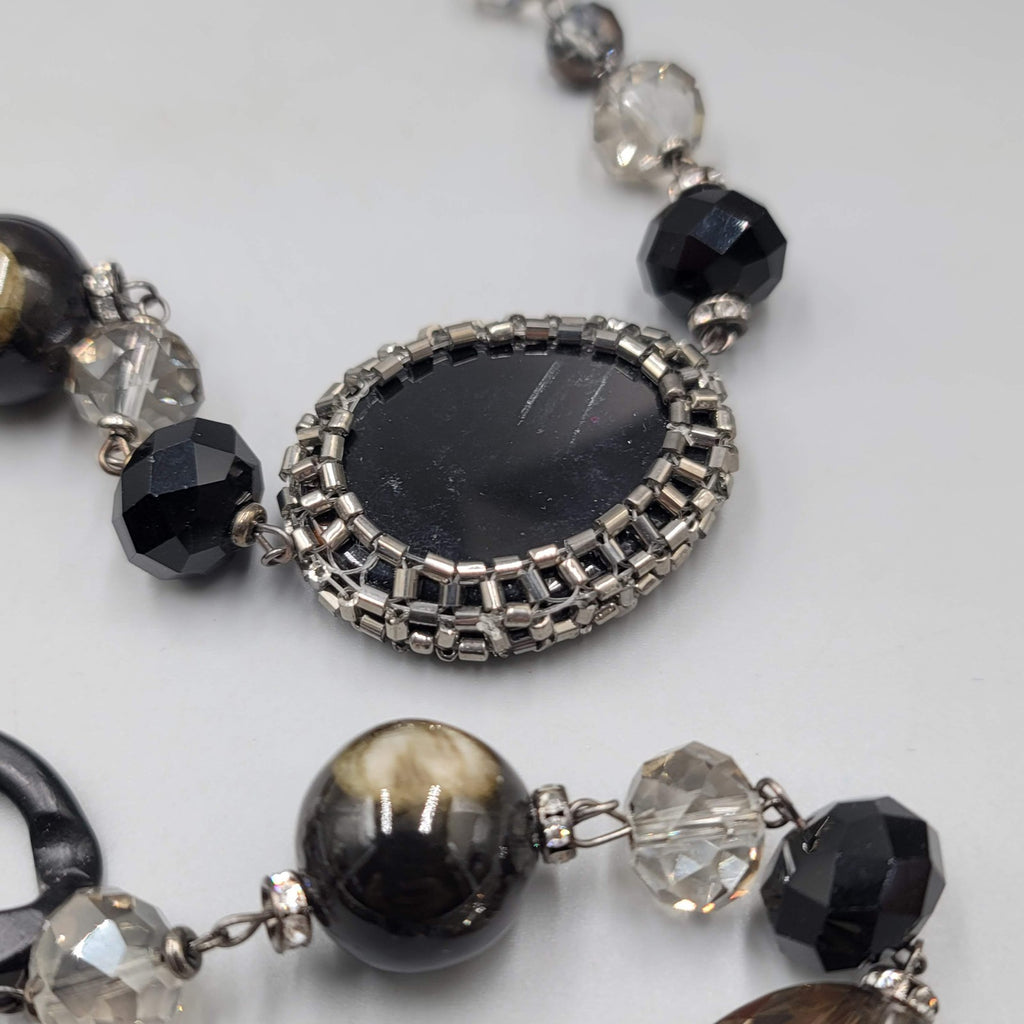 Large Statement Black Metal Eclectic Stone Beads Necklace 36 in