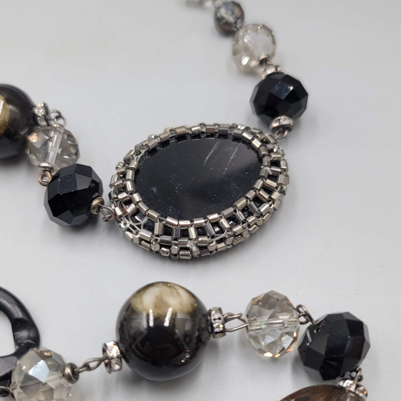 Large Statement Black Metal Eclectic Stone Beads Necklace 36 in