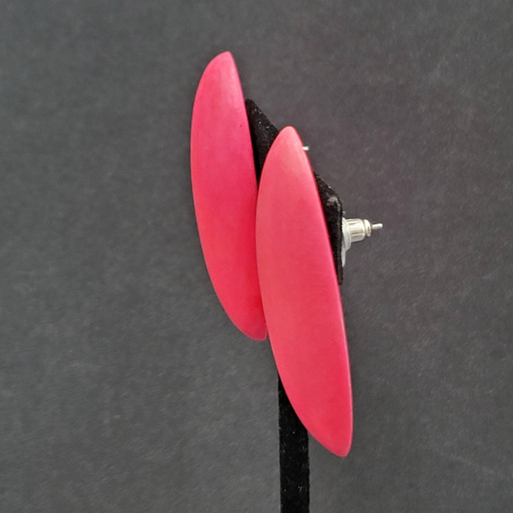 Vintage Pierced Earrings Large Wood Pink Stain Statement Drop 2"