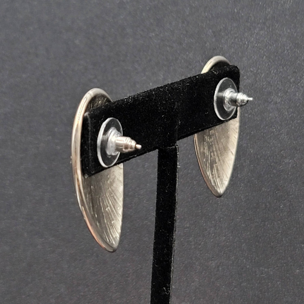 Vintage Pierced Earrings Silver tone Black Cream Enamel Drop 1 3/8"