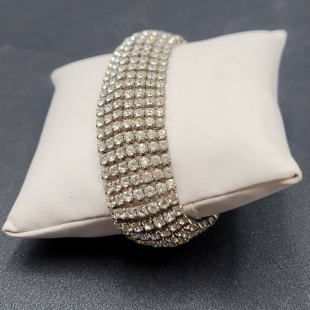 Vintage Wide Rhinestone Bracelet Silver tone 7 in