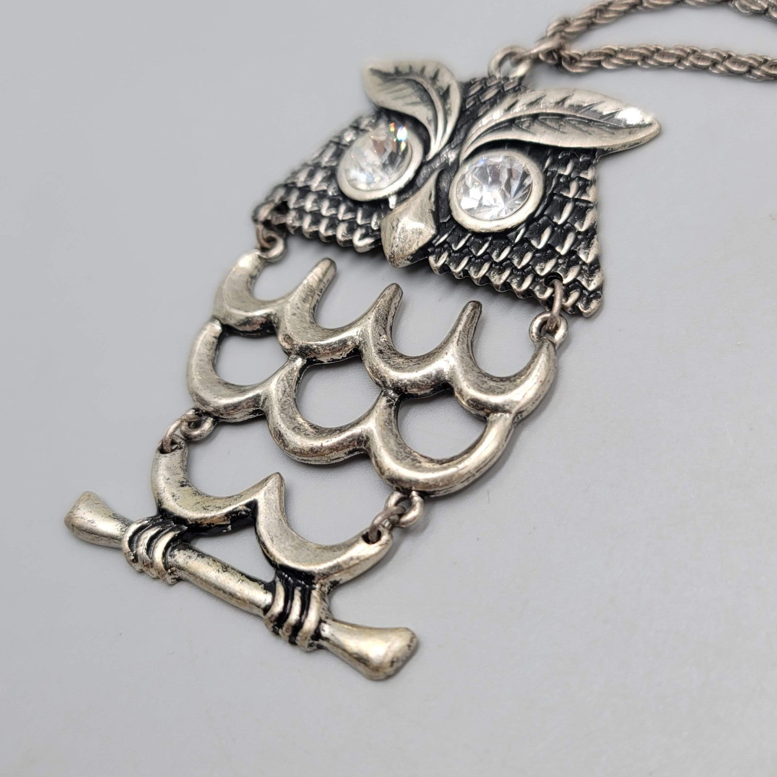 Articulated Owl Statement Long Necklace Silver tone Dangle 28"