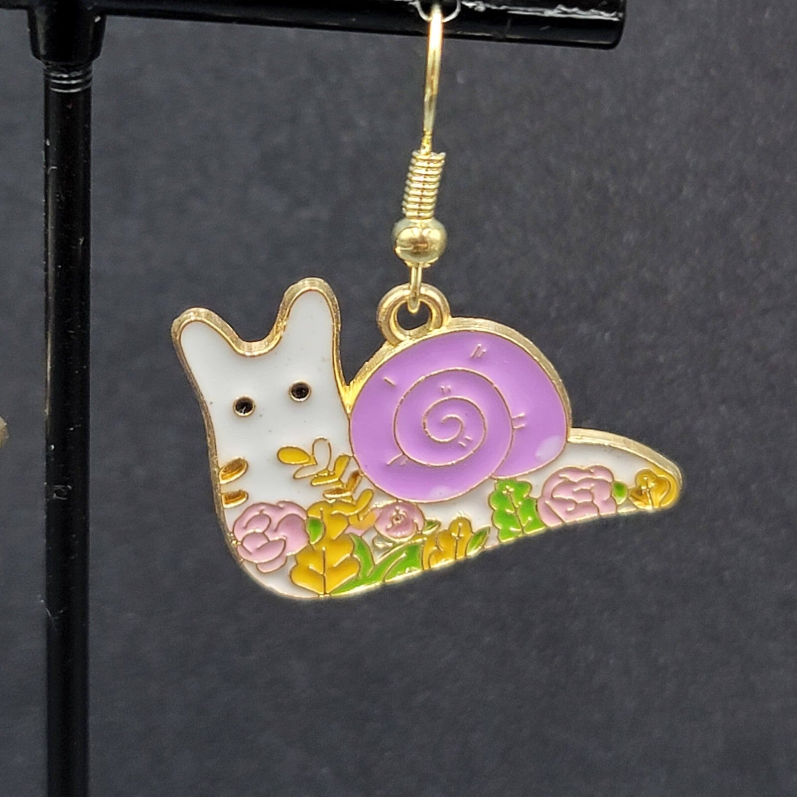 Purple Snail Pierced Earrings Gold tone Enamel Flowers Dangle 3/4"