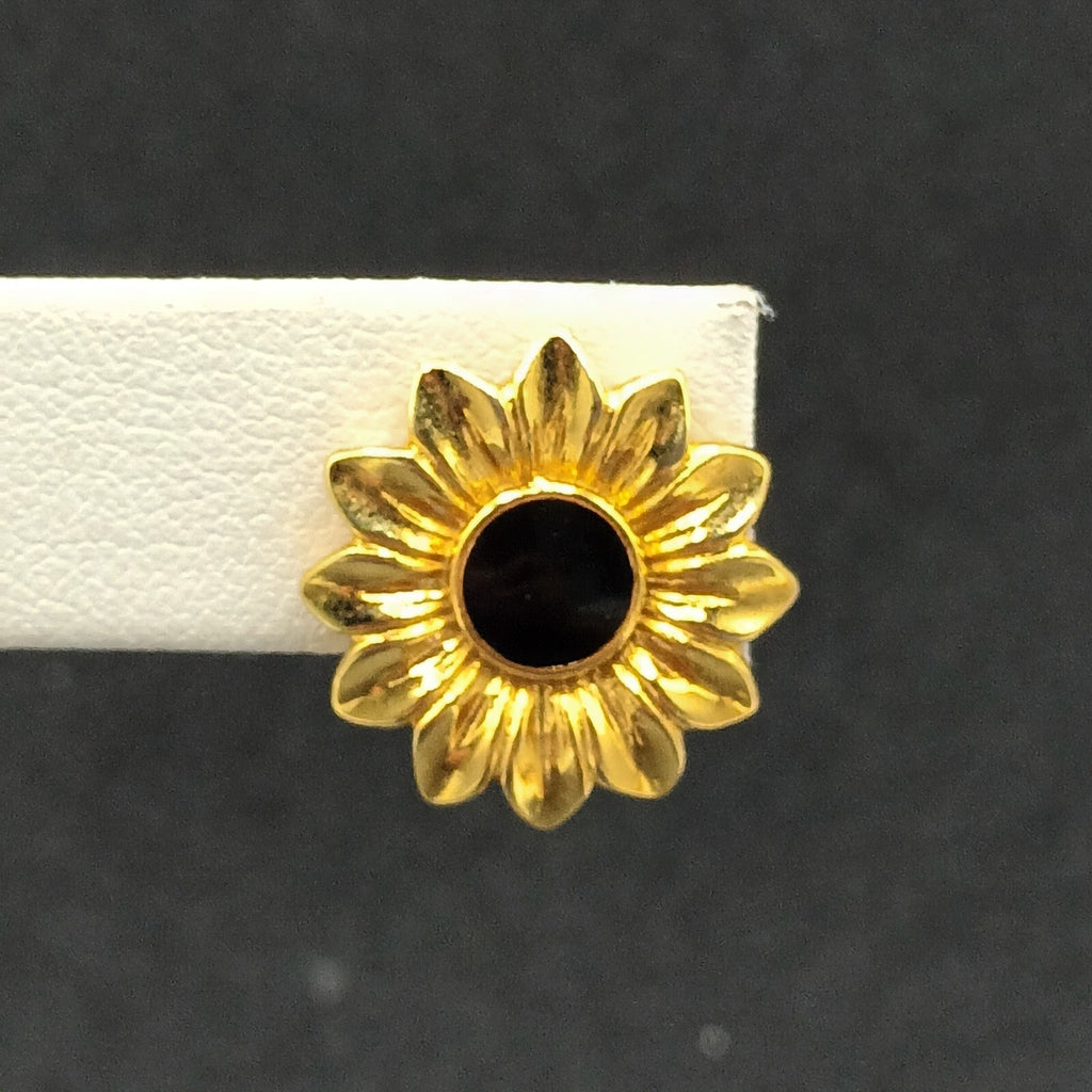 Pierced Earrings Gold tone Black Enamel Flower Studs  3/4"