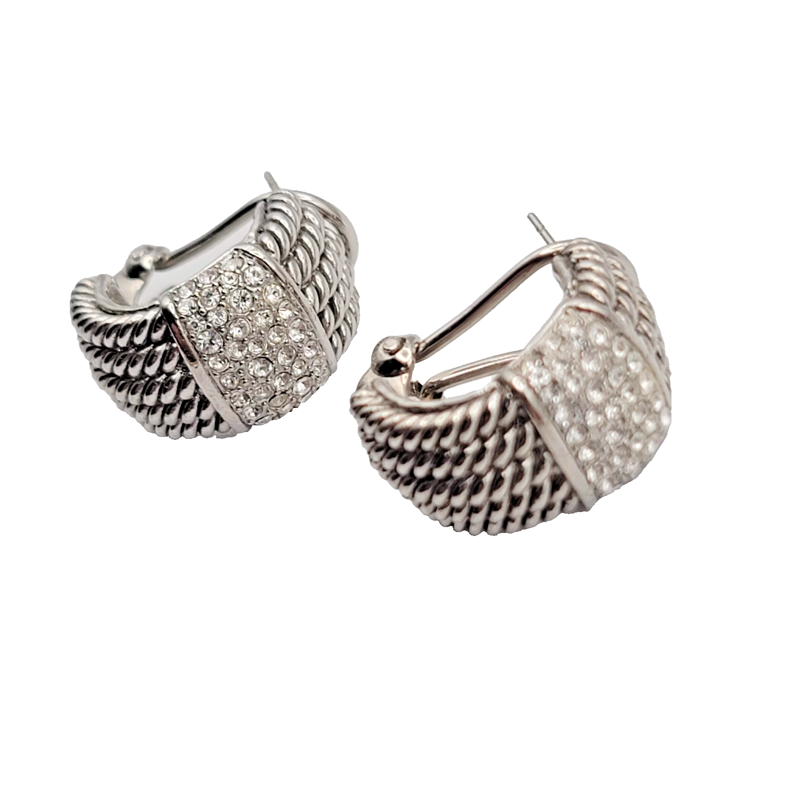 Crystal Pave Hoops Rope Design Pierced Earrings Silver tone Omega Back 3/4 in