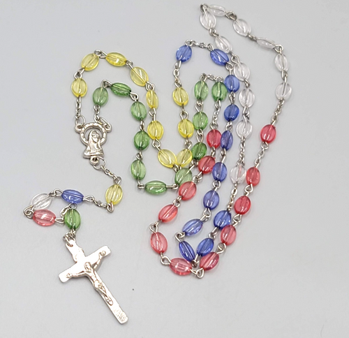 Catholic Rosary Crucifix Multicolor Translucent Plastic Beads Silvertone
