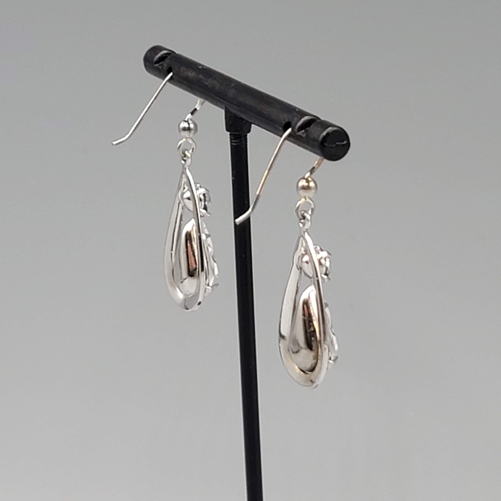 Dangle Crystal Pierced Earrings Silver tone Teardrop Sterling Hooks 1 1/8"