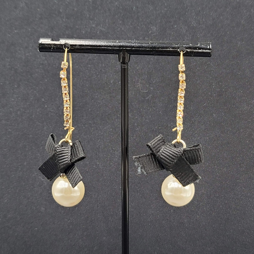 Pierced Earrings Gold tone Rhinestone Faux Pearl Black Grosgrain Ribbon Bow 2"
