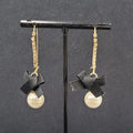 Pierced Earrings Gold tone Rhinestone Faux Pearl Black Grosgrain Ribbon Bow 2"