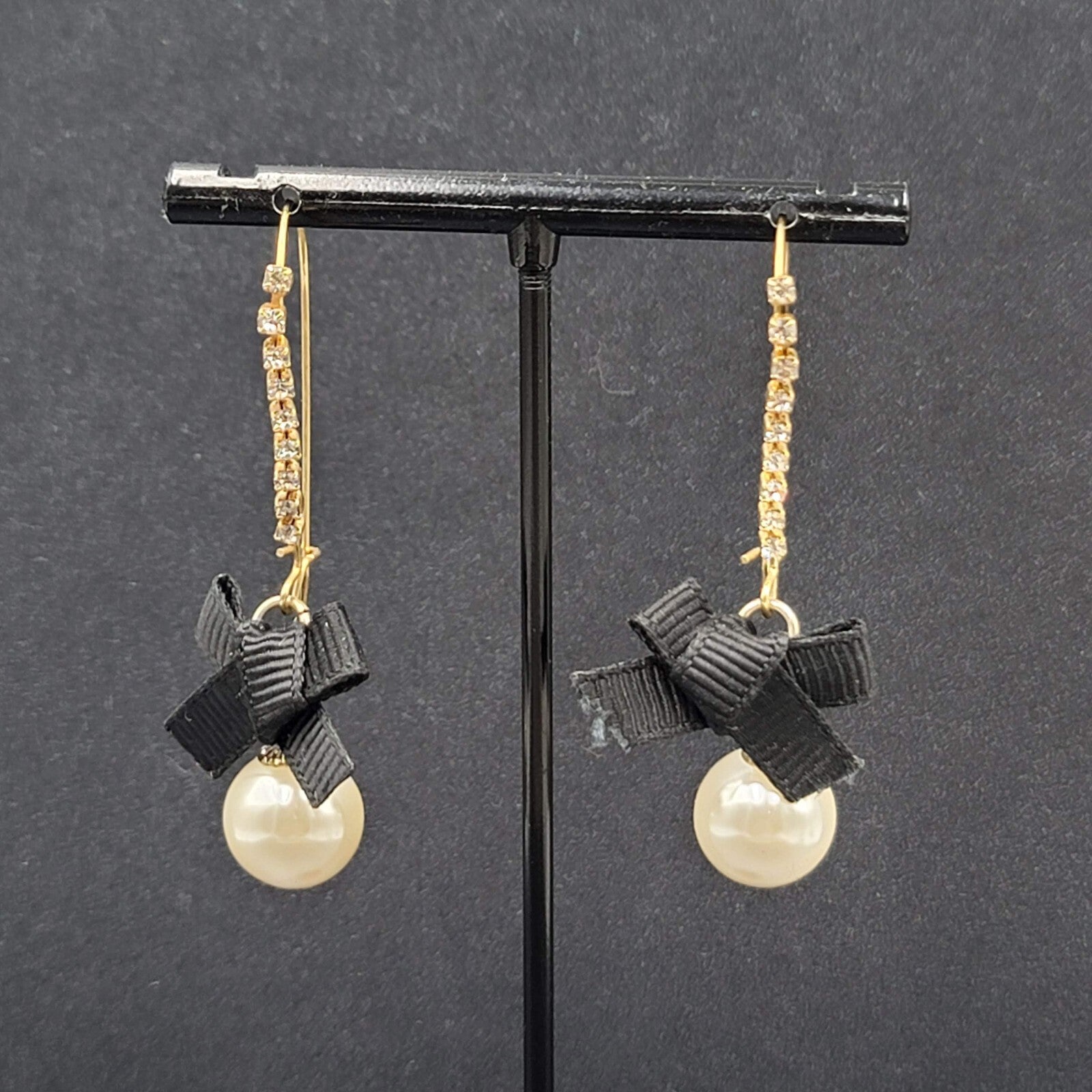 Pierced Earrings Gold tone Rhinestone Faux Pearl Black Grosgrain Ribbon Bow 2"