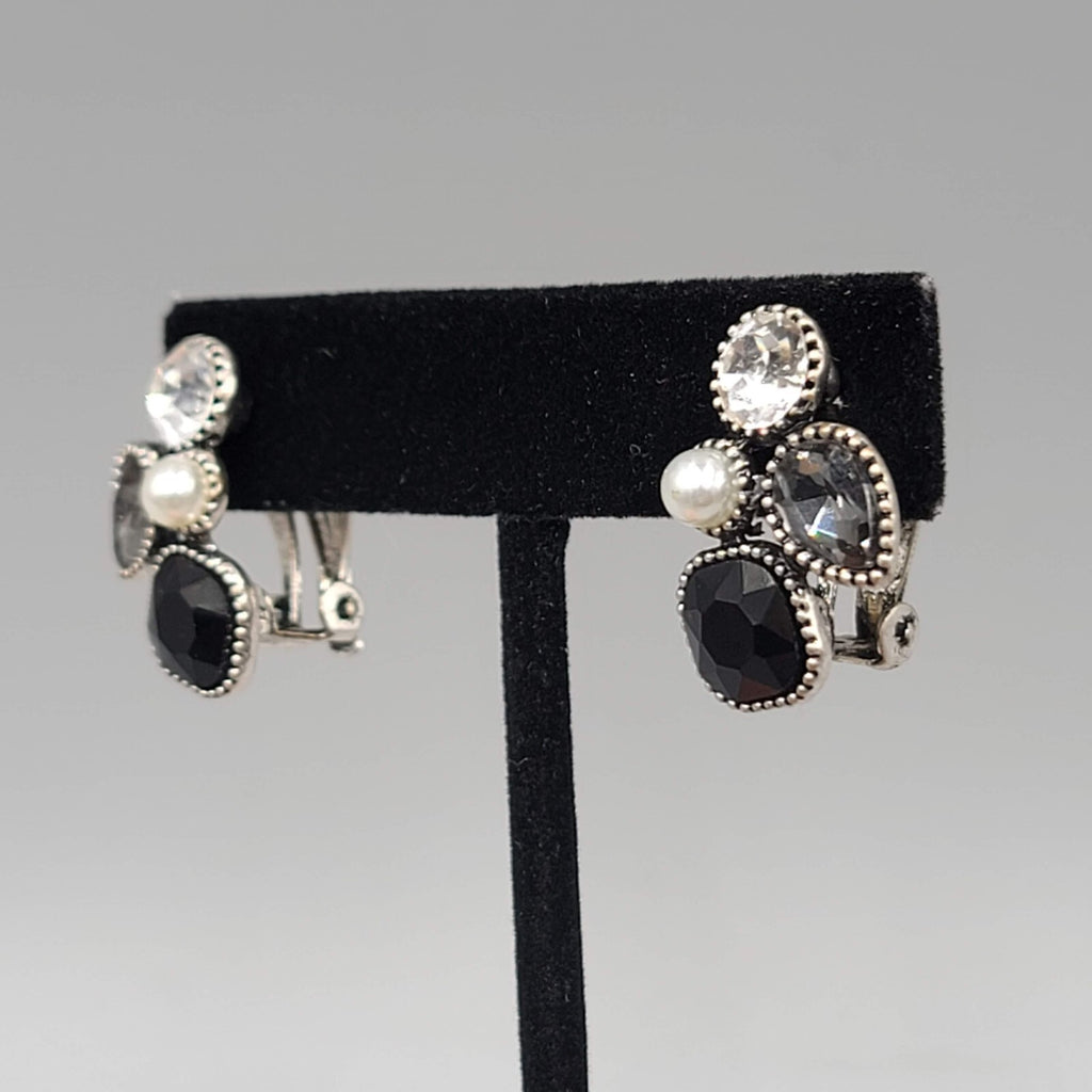 Modern  Clip on Earrings Gray Clear Crystal Dark Silver tone Drop 7/8"