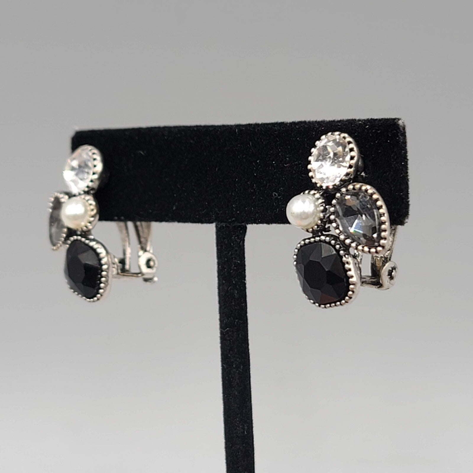 Modern  Clip on Earrings Gray Clear Crystal Dark Silver tone Drop 7/8"