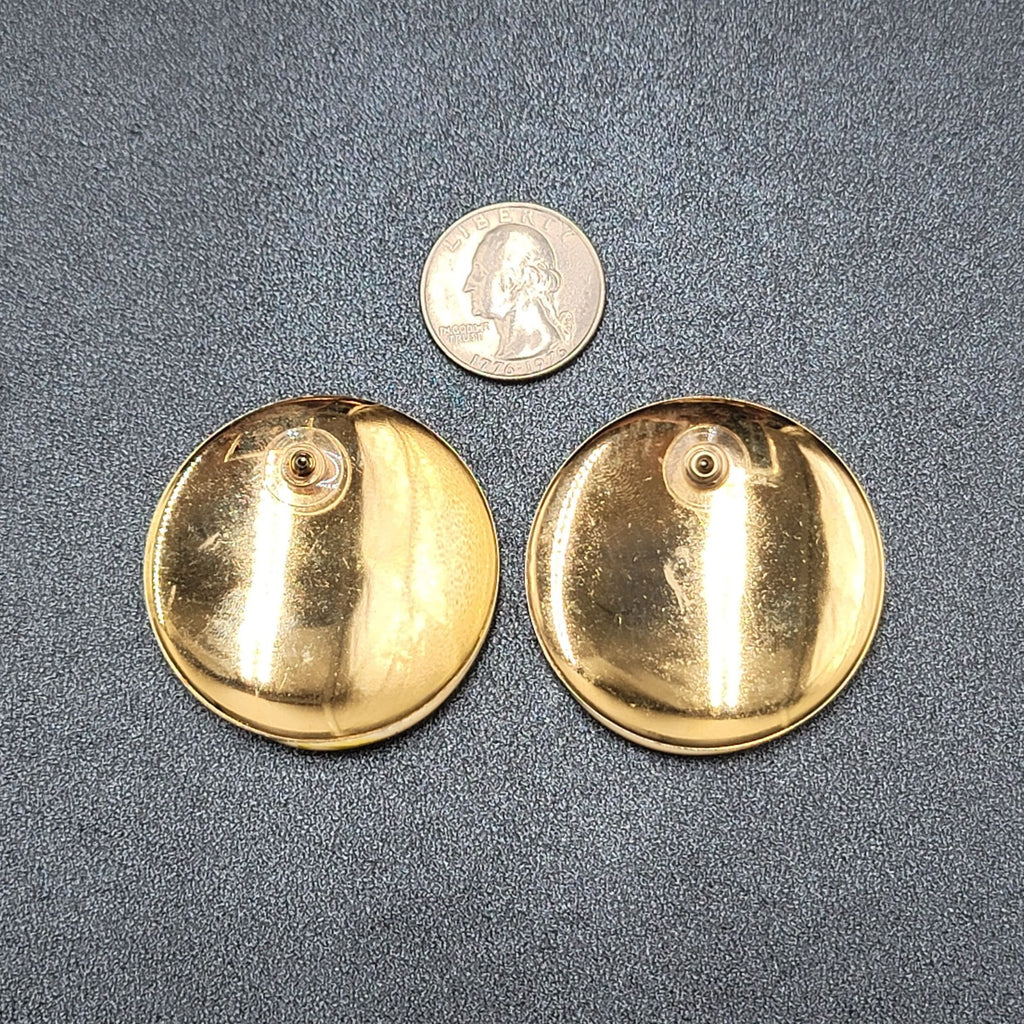 Vintage Pierced Earrings Large Round Yellow Blue Cream Enamel 1.75"