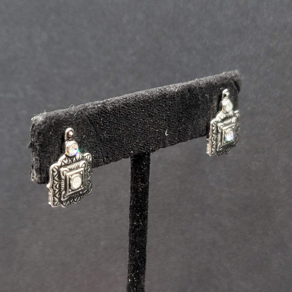 Pierced Earrings Silver tone Black Embossed Crystal Studs So Pretty! 5/8"