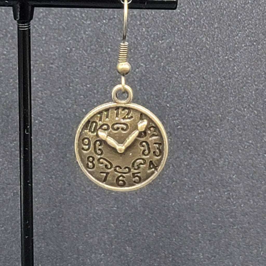 Clock Face Pierced Earrings Bronze tone Embossed Dangle 7/8"