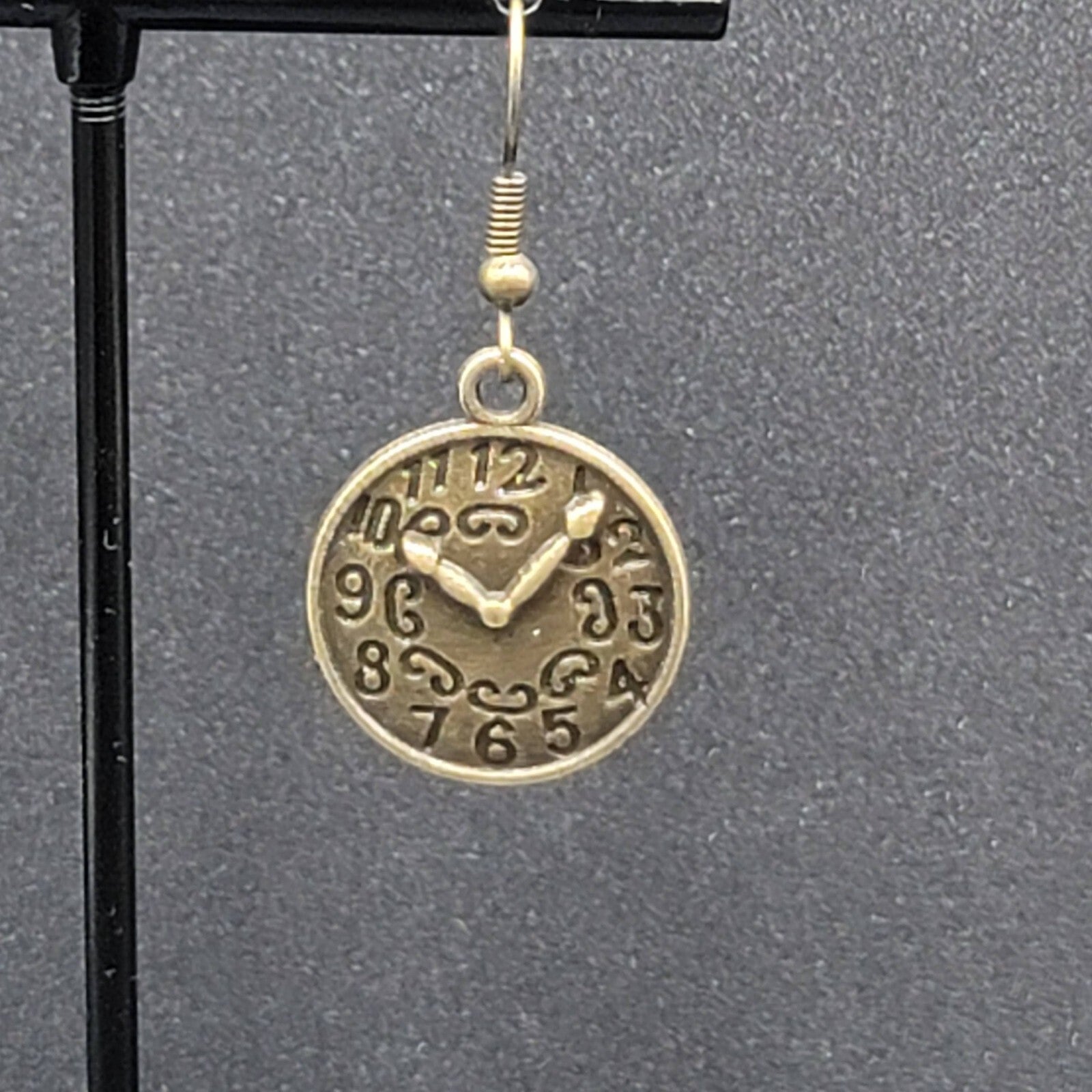 Clock Face Pierced Earrings Bronze tone Embossed Dangle 7/8"