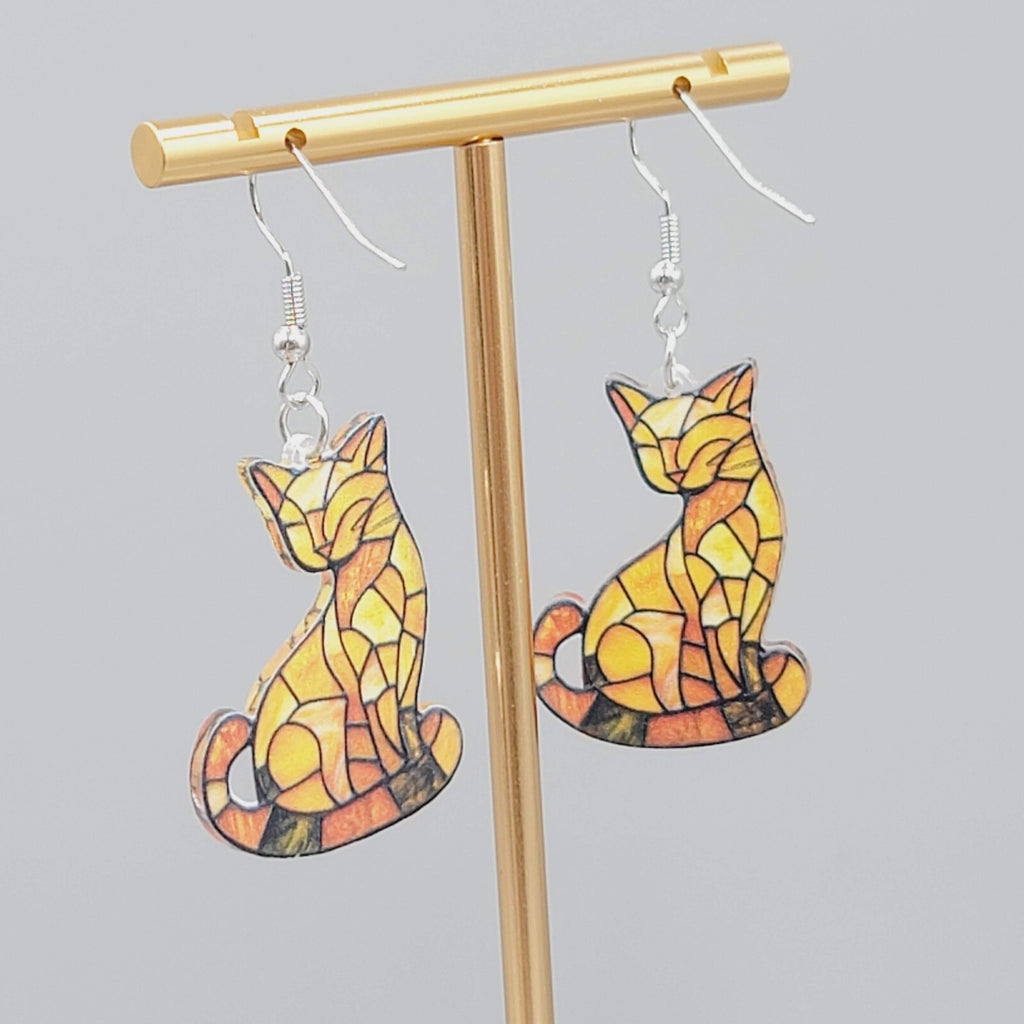 Yellow Kitty Cat Pierced Earrings Acrylic Dangle 1 3/8"