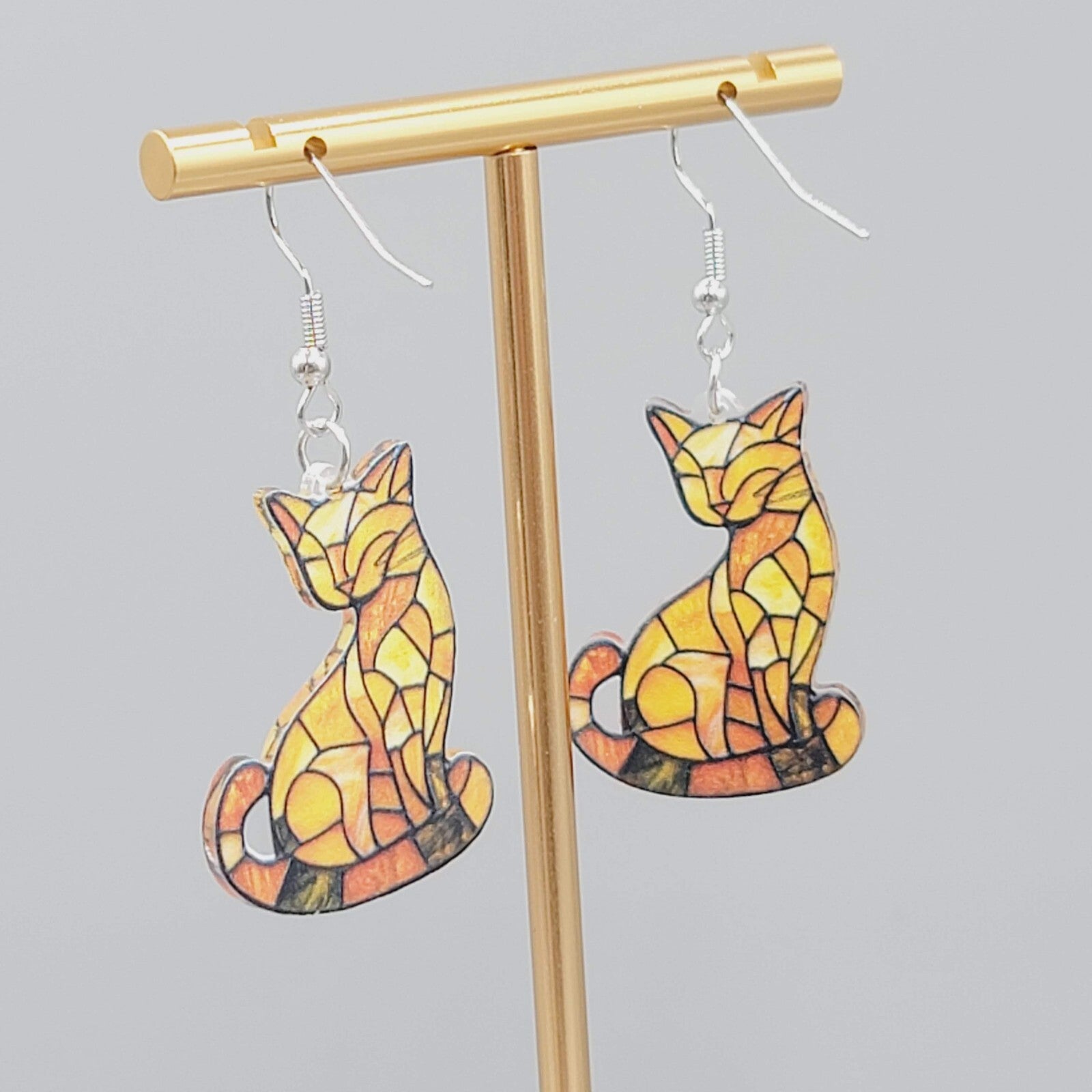 Yellow Kitty Cat Pierced Earrings Acrylic Dangle 1 3/8"