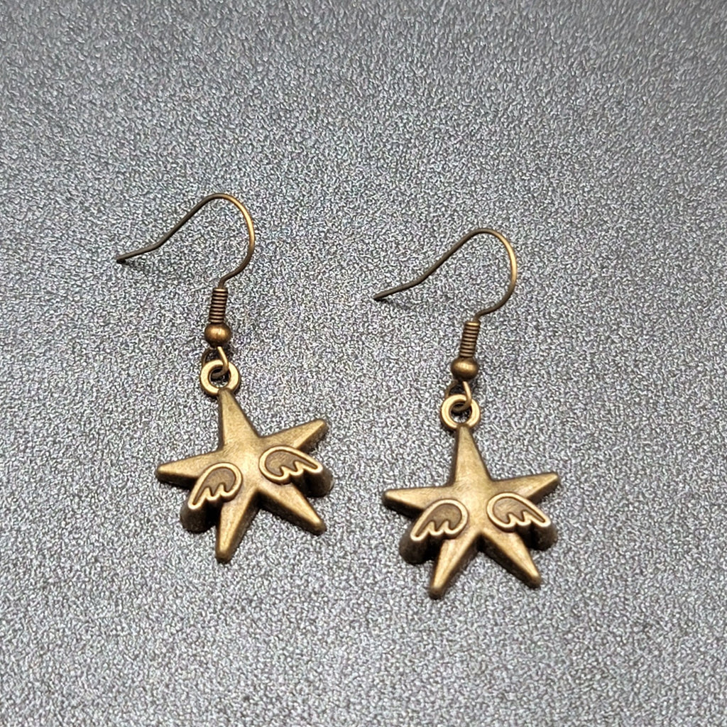 New WINGED STARS Pierced Earrings Bronze tone Dangle 7/8"