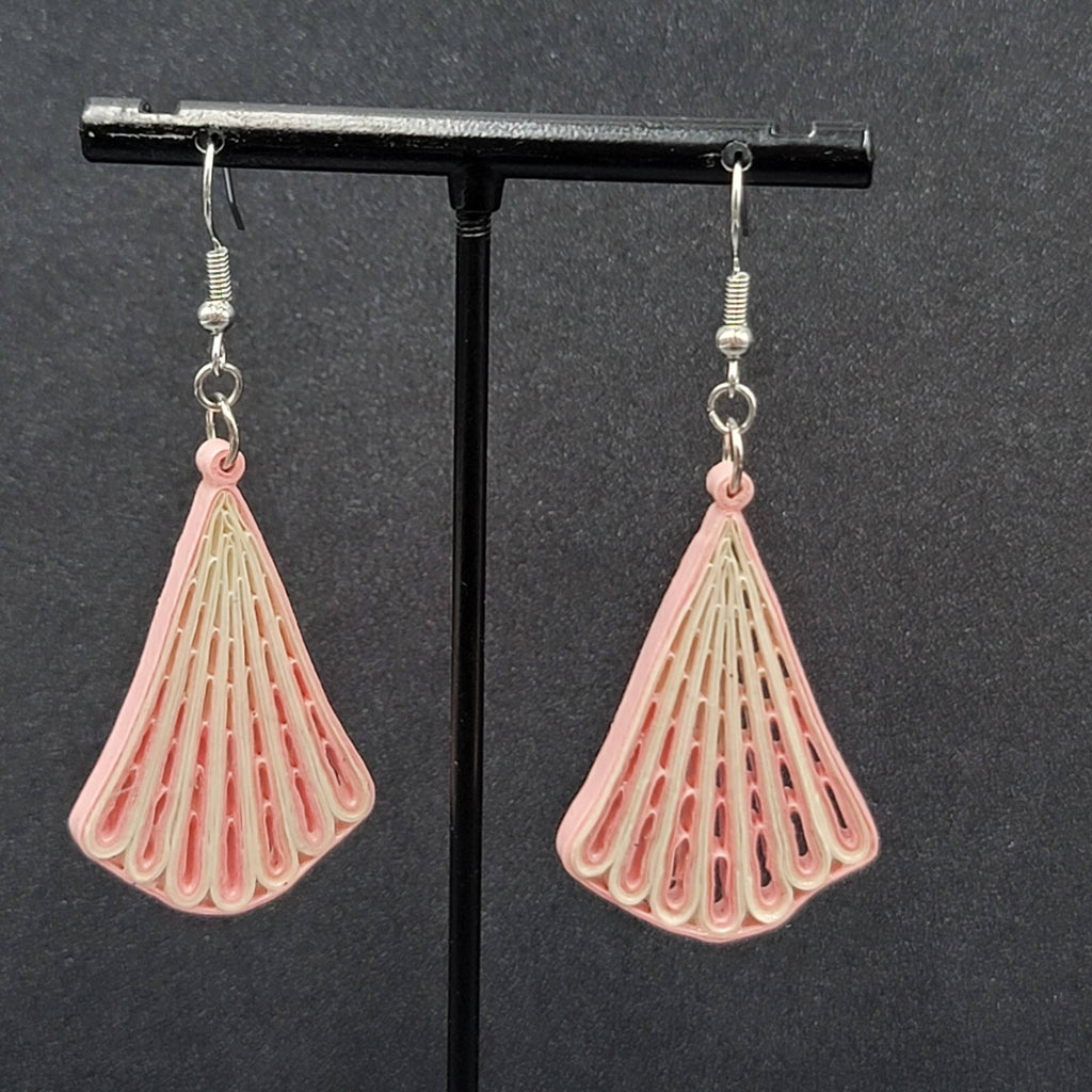 Vintage Pierced Earrings Paper Quilled Pink White Dangle Hand Made 2"