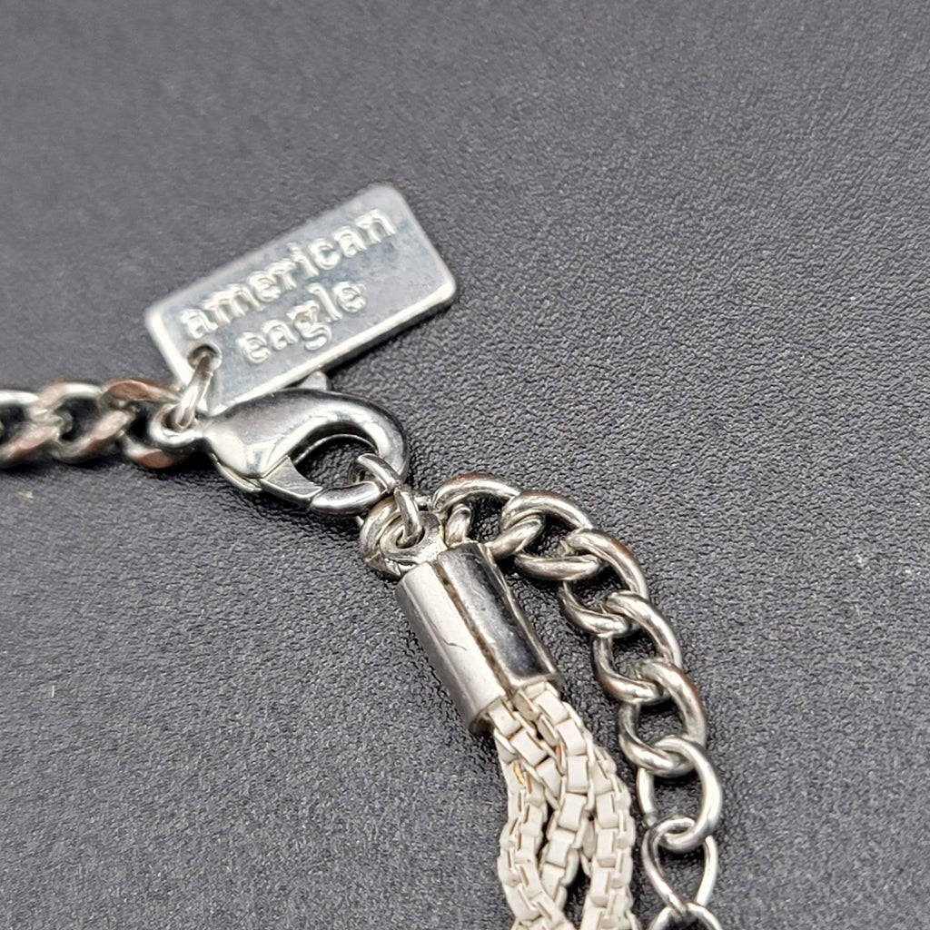 American Eagle Bracelet Braided White Enamel Chain Silver tone 