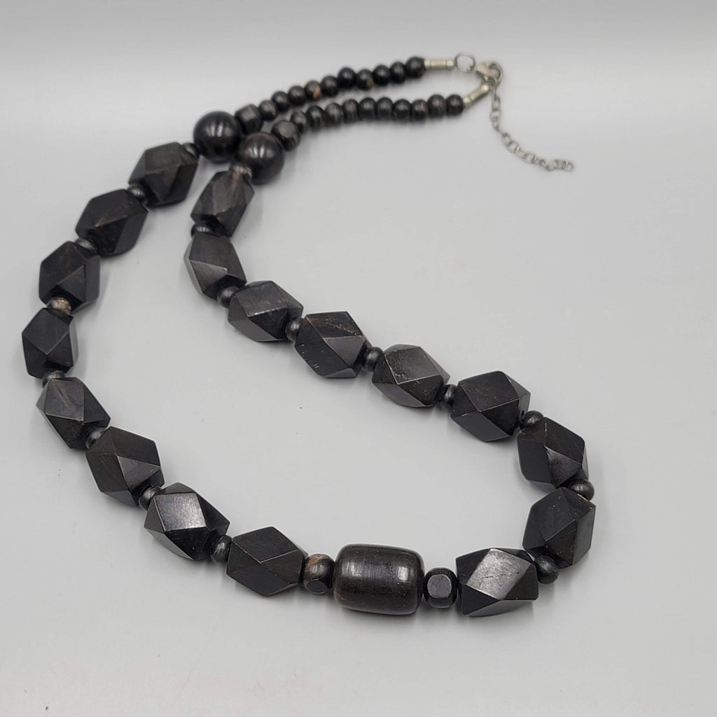 Vintage Large Black Wood Bead Statement Necklace Estate Costume Jewelry