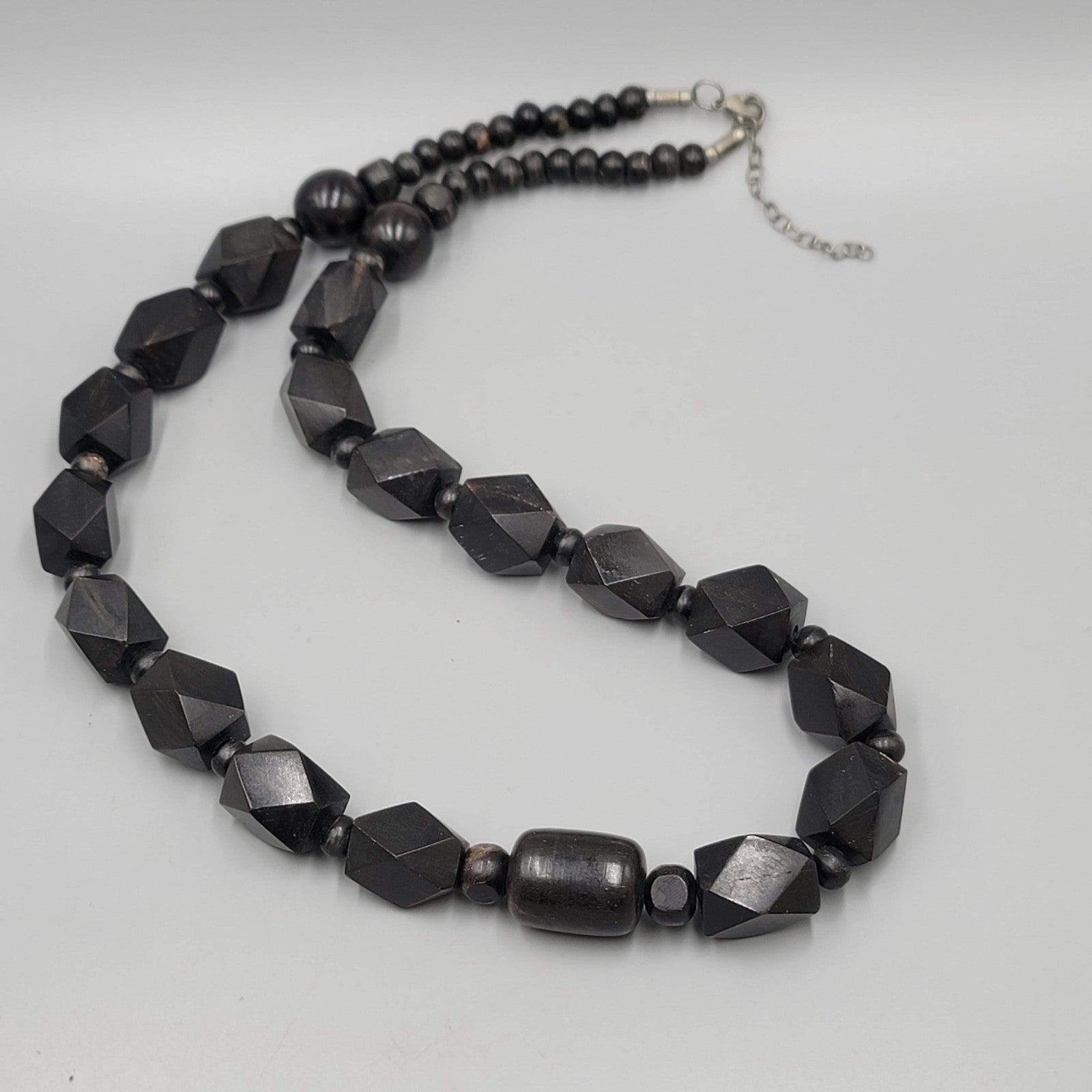 Vintage Large Black Wood Bead Statement Necklace Estate Costume Jewelry